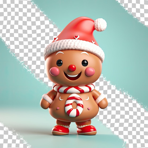 Personaggio 3d che indossa un cappello rosso da babbo natale felice pan di zenzero divertente decorazione natalizia caramelle zuccherate ragazzo invernale con glassa divertente aggiunta su uno sfondo trasparente