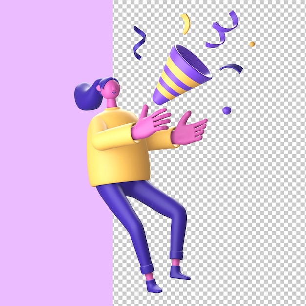 3d-персонаж с поппером для вечеринки с конфетти для ui ux, мобильных веб-приложений, социальных сетей