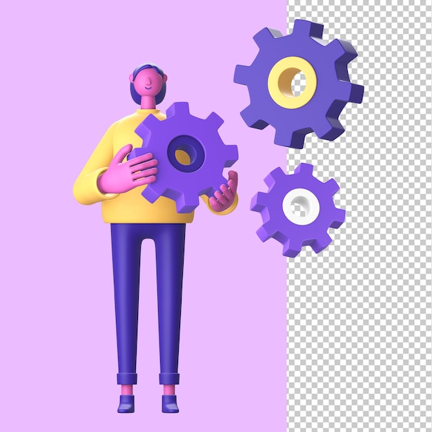 3d character with configuration setting gear front for ui ux web mobile apps social media