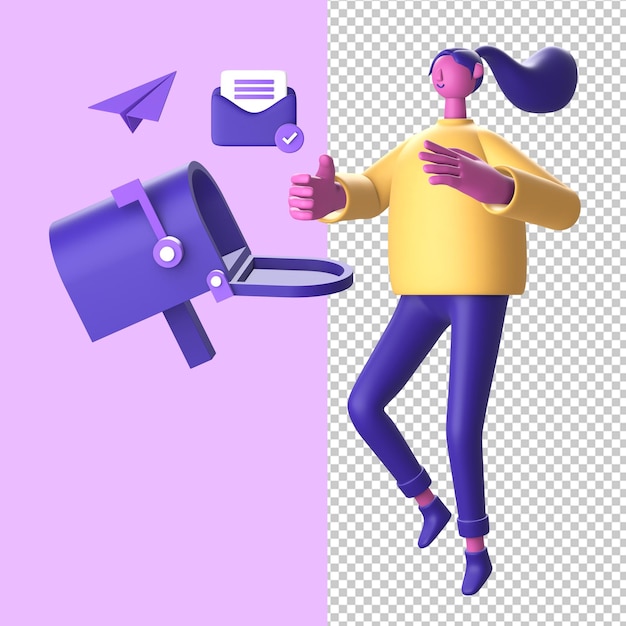 PSD ui ux 웹 모바일 앱 소셜 미디어용 우편함 또는 이메일 및 종이 비행기가 있는 3d 캐릭터