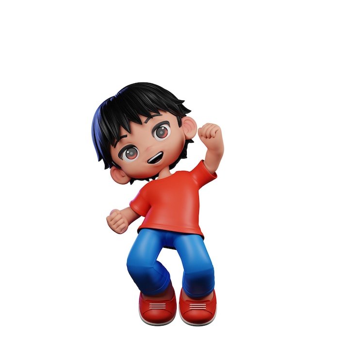 PSD 3d character with a red shirt and blue pants jump air happy pose