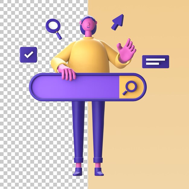 3d character with search bar icon symbol for ui ux web mobile apps social media