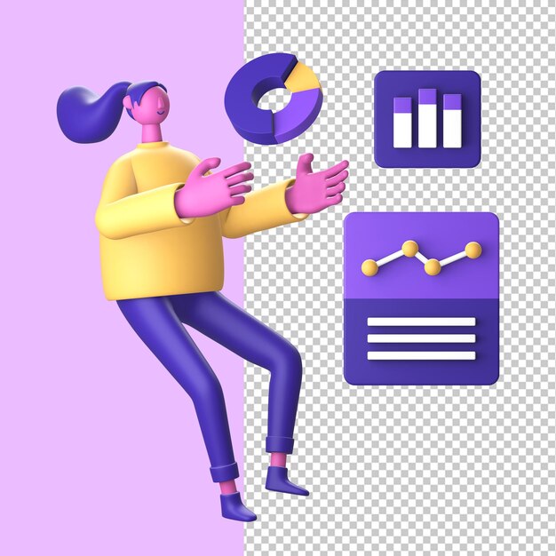 3D Character with statistic infographic chart front for UI UX web mobile apps social media