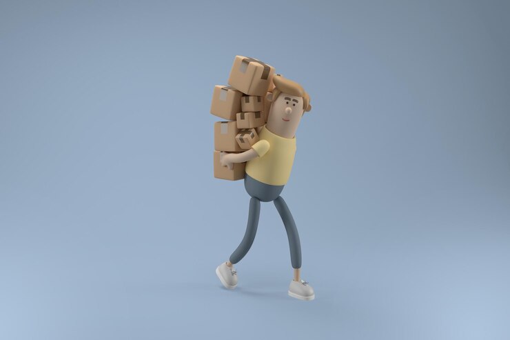PSD パッケージを背負った3dキャラクターの若い配達員