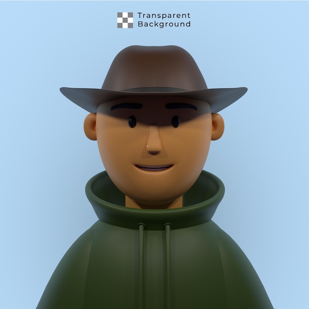 パーカーとカウボーイ ハットを持つ若者の 3 d キャラクター