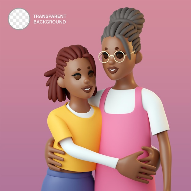 3d characters happy mom and daughter with transparent background