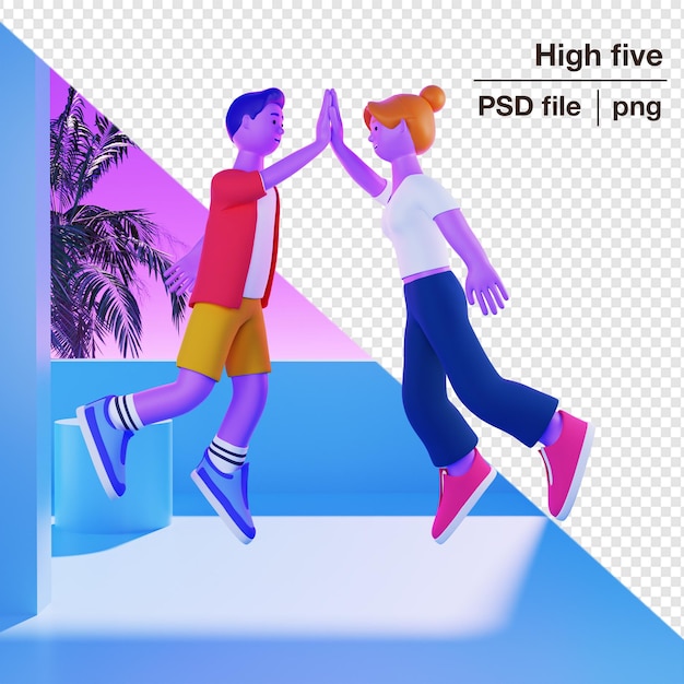 Illustrazione di personaggi 3d alto cinque per mockup modificabile png di file psd di social media