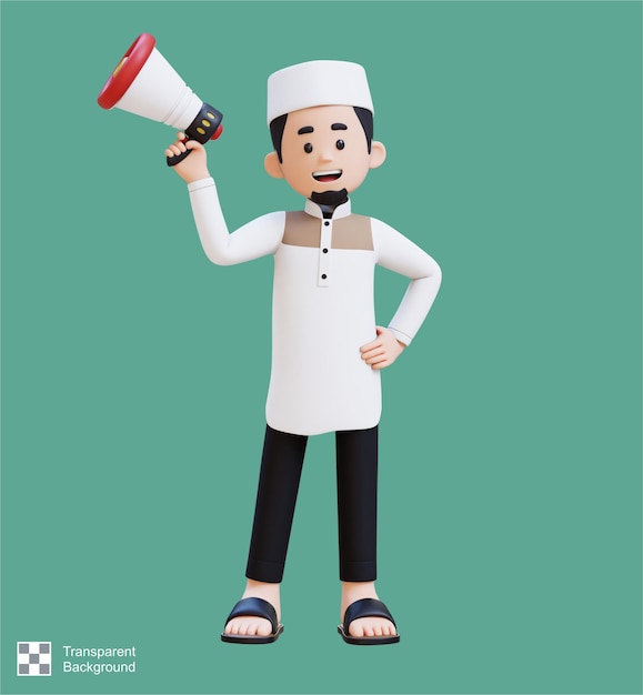 PSD 3d characters of muslim man holding megaphone