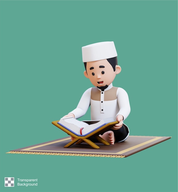 PSD 3d characters of muslim man reciting the koran in ramadan kareem