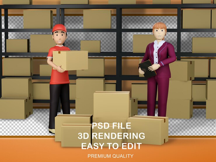 PSD 3d charater illustration show woman as manager and man as worker checking delivery package