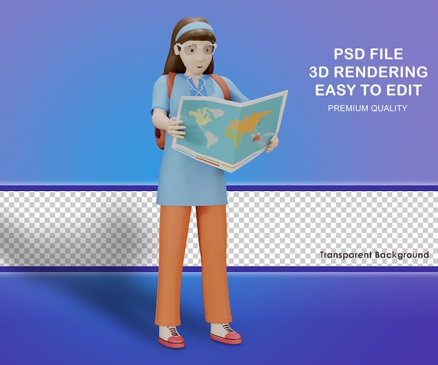 3d charater illustration show woman find location by map paper