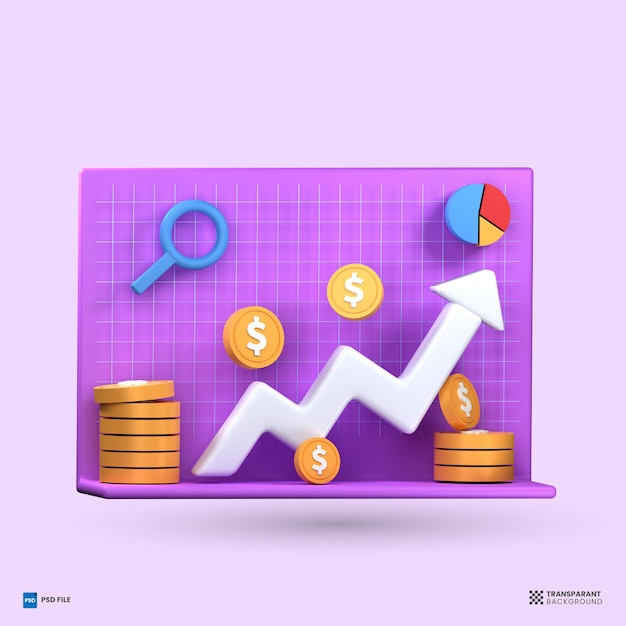 PSD 3d charts and graph with coin icon analysis business financial data 3d render illustration