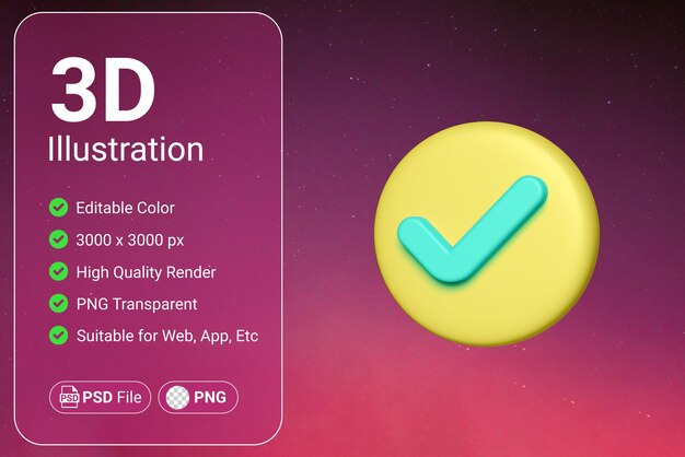 PSD 격리 된 배경에 3d 확인 표시 아이콘 3d 렌더링 편집 가능한 색상