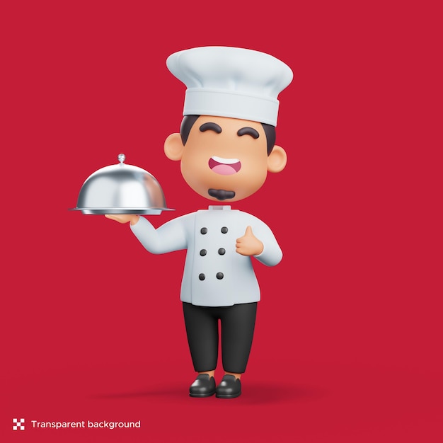 PSD 3d chef character doing thumbs up pose with food tray