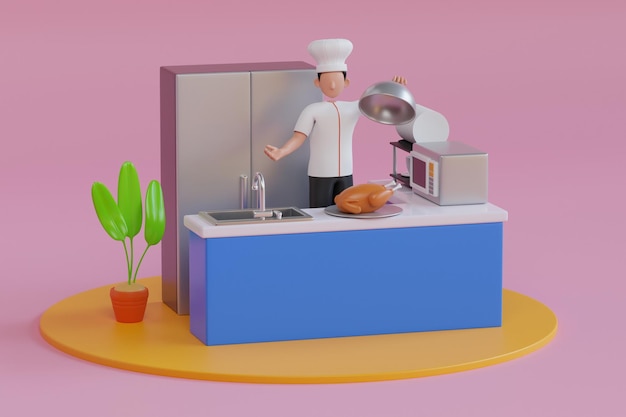 레스토랑에서 을 요리하는 3D 요리사, 손에 은색 접시를 들고 있는 요리사 캐릭터