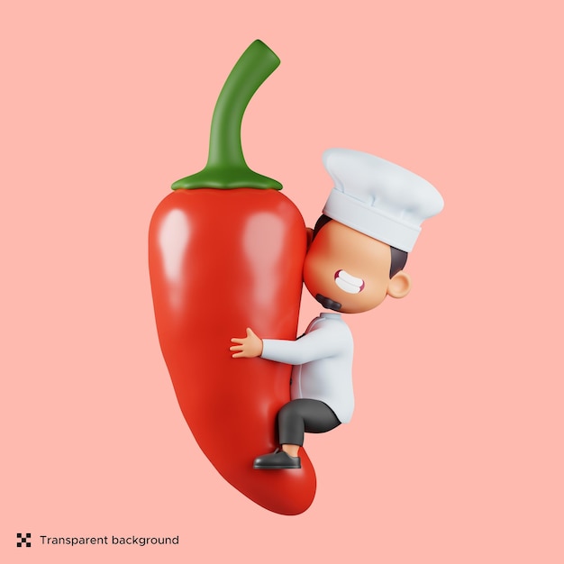 큰 빨간 칠리 고추를 껴안고 있는 3d 요리사. 귀여운 마스코트 그림
