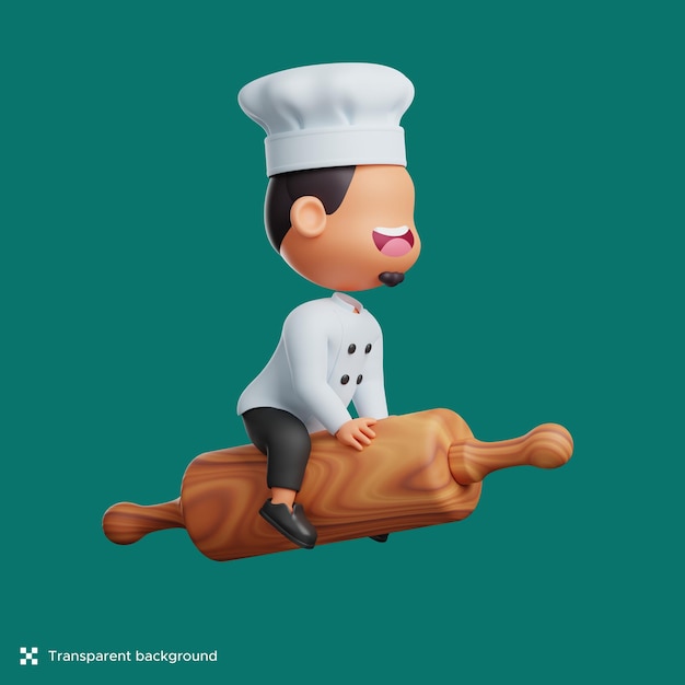 PSD 3d chef ride on flying wooden rolling pin. cute illustration