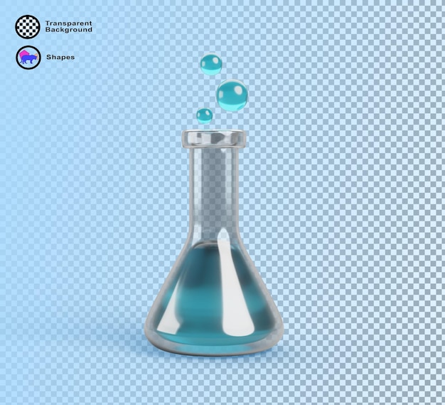 3d chemistry laboratory erlenmeyer flask with blue liquid and bubbles render lab glassware glass conical beaker isolated scientific equipment for medical or chemical experiment