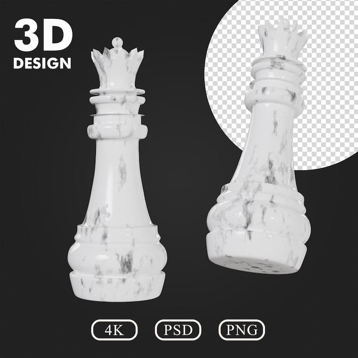 PSD 3d шахматная фигура королева фигура с мрамором материал прозрачный фон