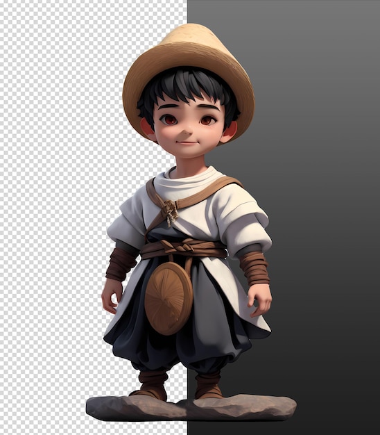 PSD 3d-персонаж чиби-мальчика в одежде фермера