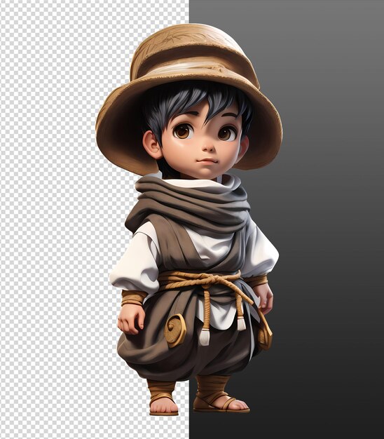 3d chibi boy character wearing farmer clothes