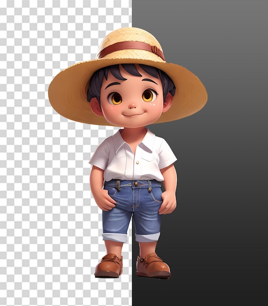 3d chibi boy character wearing farmer clothes