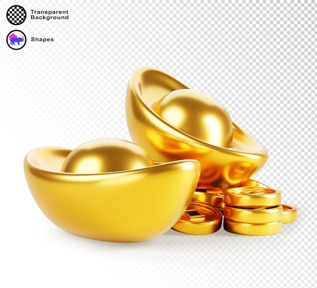 3d Chinese goud geluksmunt stapel met yuan bao ingot geïsoleerd render icoon Aziatische gouden nugget cny geld contant schat rijkdom zaken financiën symbool voor oosterse nieuwjaarsontwerp