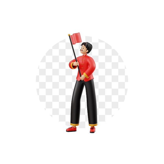 PSD 3d chinese man character holding flag illustration