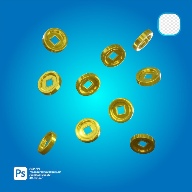 3d chinese new year falling gold coins icon isolated on transparent background 3d illustration