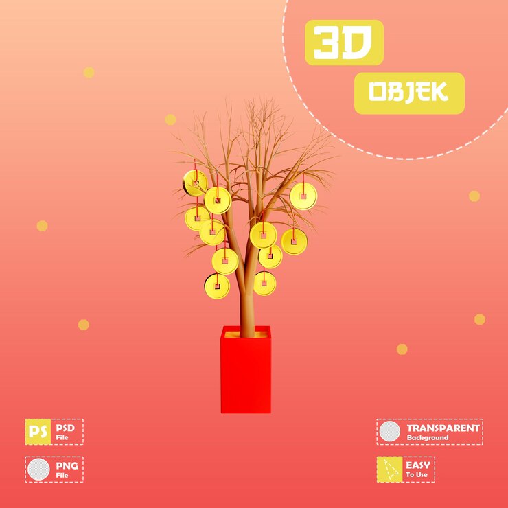PSD 3d chinese new year object tree fu yenpao gold coin imlek china with transparent background
