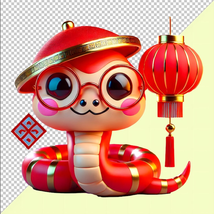PSD 3d chinese new year year of the snake cute snake baby wearing a lion hat and riding auspicious cloud