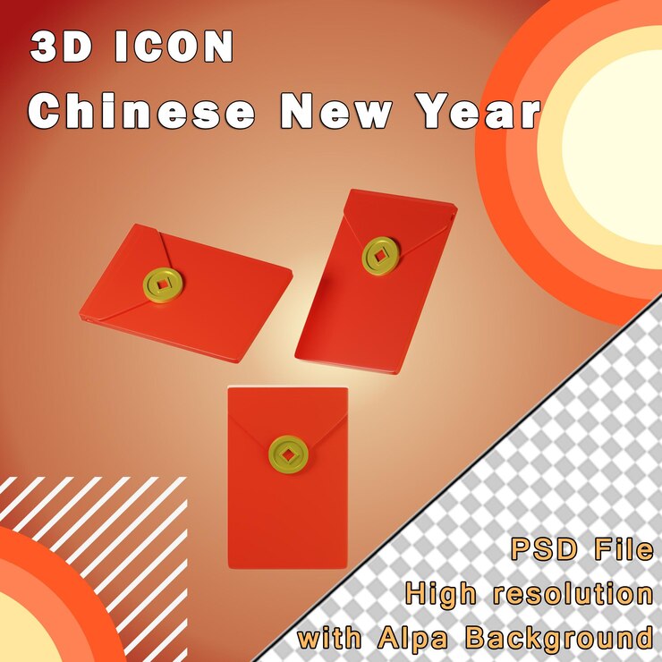 PSD 3d chinese red envelopes on three points of view isolated on transparant background