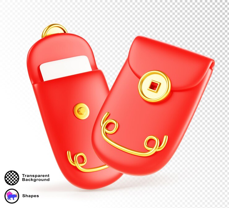 PSD 3d chinese red lucky money envelope isolated render icon asian closed and open pocket with gold cny coin oriental ornament blank paper card china letter happy new year greeting