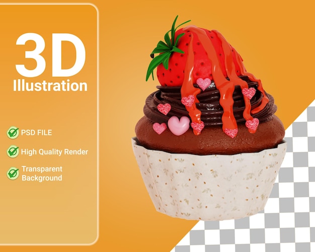 PSD 3d chocolate cup cake isolated, valentine element 3d rendering