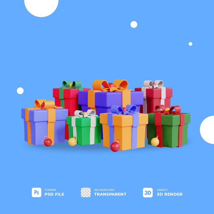 3d christmas ball and gift box with transparent background