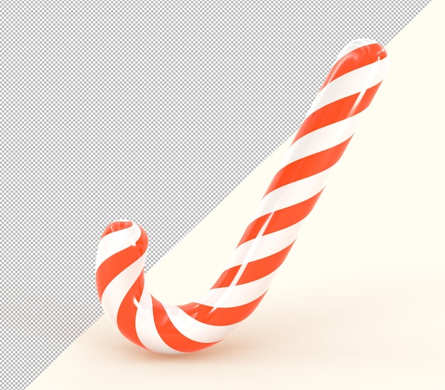 3D Christmas candy cane icon Santa caramel cane lollipop with red white stripes Traditional xmas sweet isolated walking stick dessert with striped pattern Creative design element 3D illustration