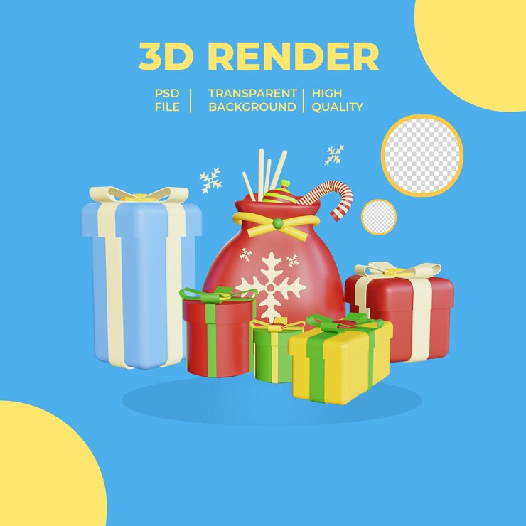 PSD 3d 聖誕節禮物盒和透明背景的聖誕老人袋