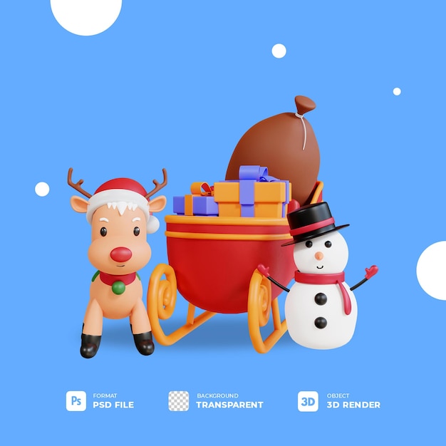 3d christmas gift box on sledge with reindeer and snowman