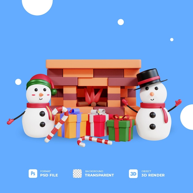 PSD 3d christmas gift box with snowman, candy and fireplace