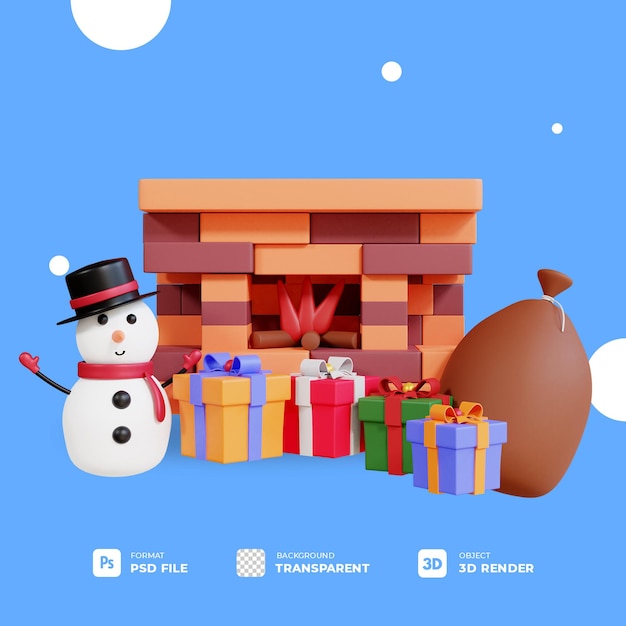 3d christmas gift box with snowman and fireplace