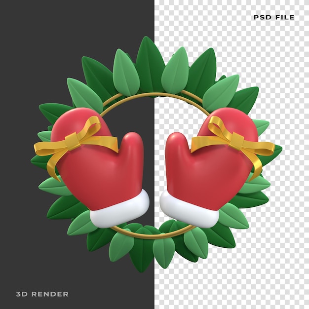 PSD 3d christmas gloves wreath rendered on transparent background