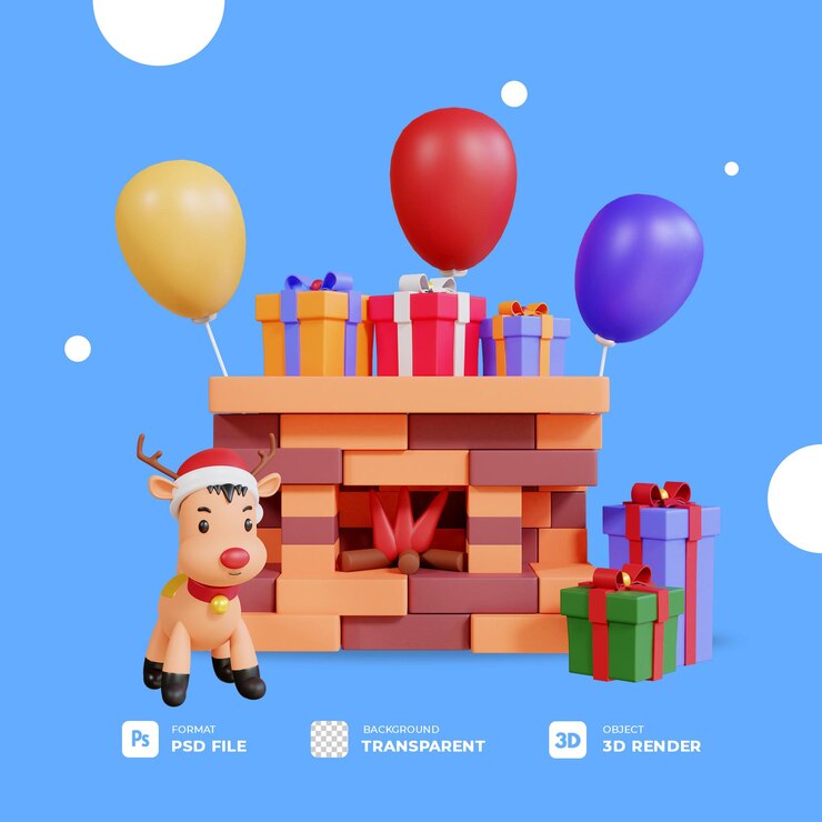 3d christmas reindeer with fireplace, baloon and gift box