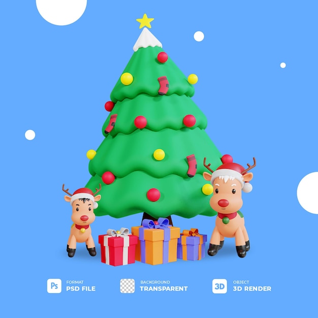 PSD 3d christmas tree, gift box and reindeers with transparent background