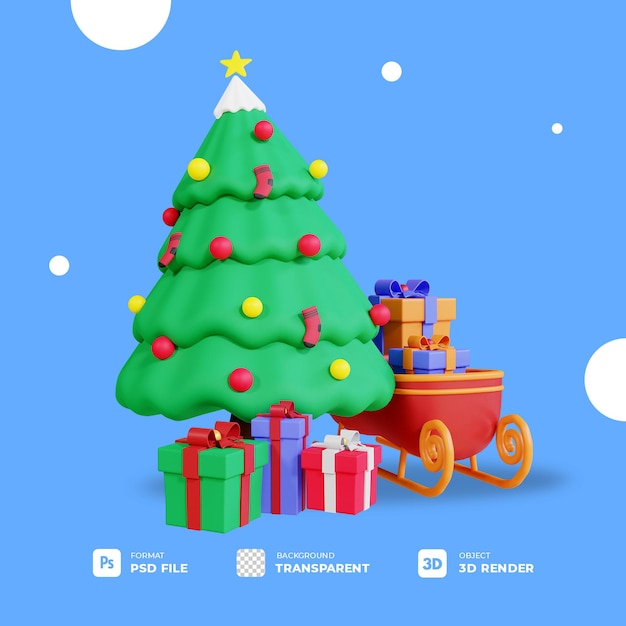 PSD 3d christmas tree, gift box and sledge with transparent background