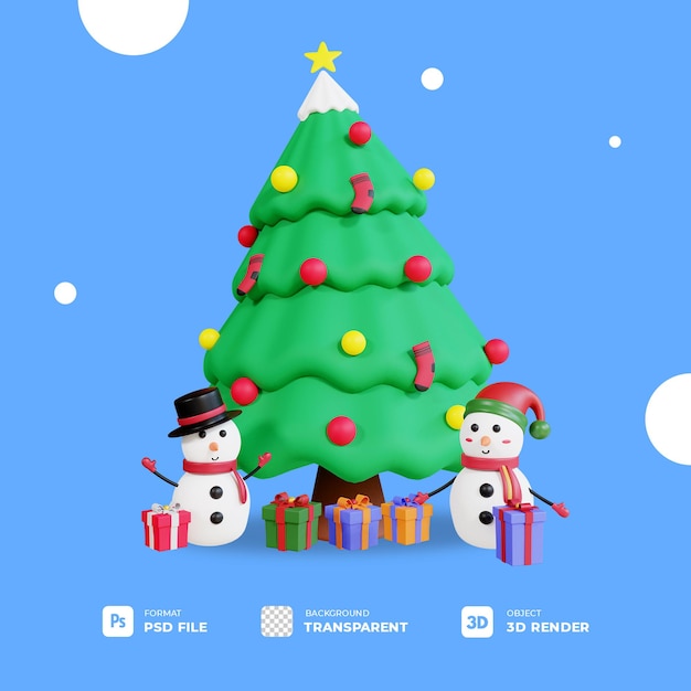 3d christmas tree, gift box and snowman with transparent background