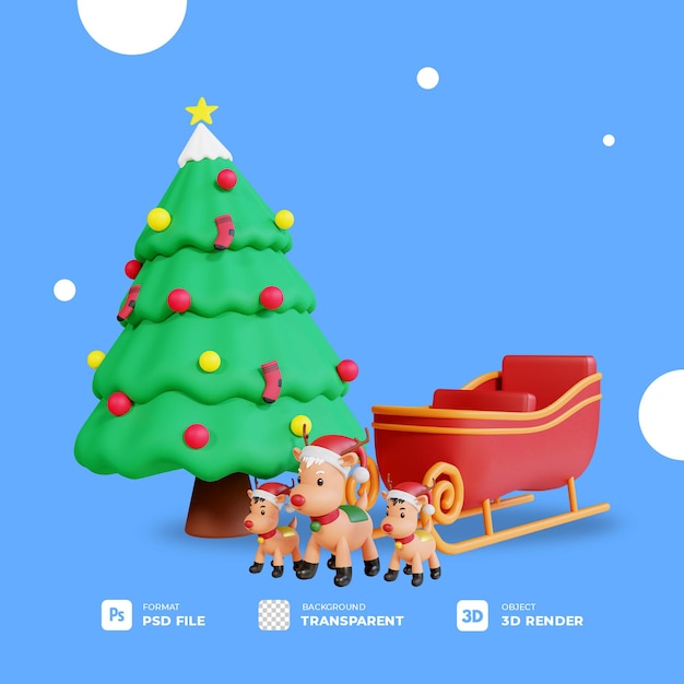 3d christmas tree and reindeers with transparent background