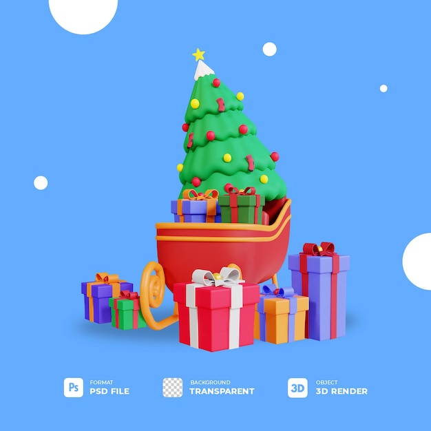 3d christmas tree on sledge with transparent background