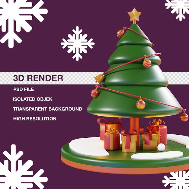 PSD 3d christmas tree with snow and decoration