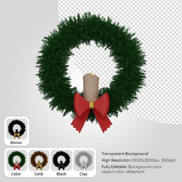 PSD 3d christmas wreath with candle and bow