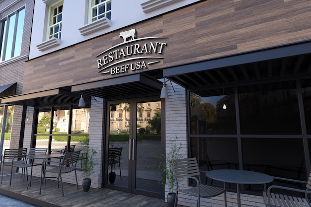 PSD 3d chrome logo mockup on classic restaurant facade